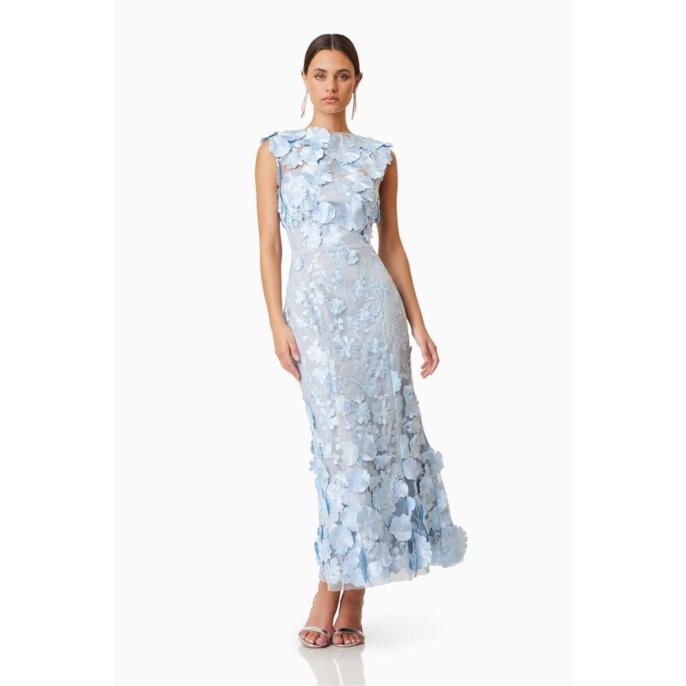 Light Blue Floral Appliqué Evening Dress